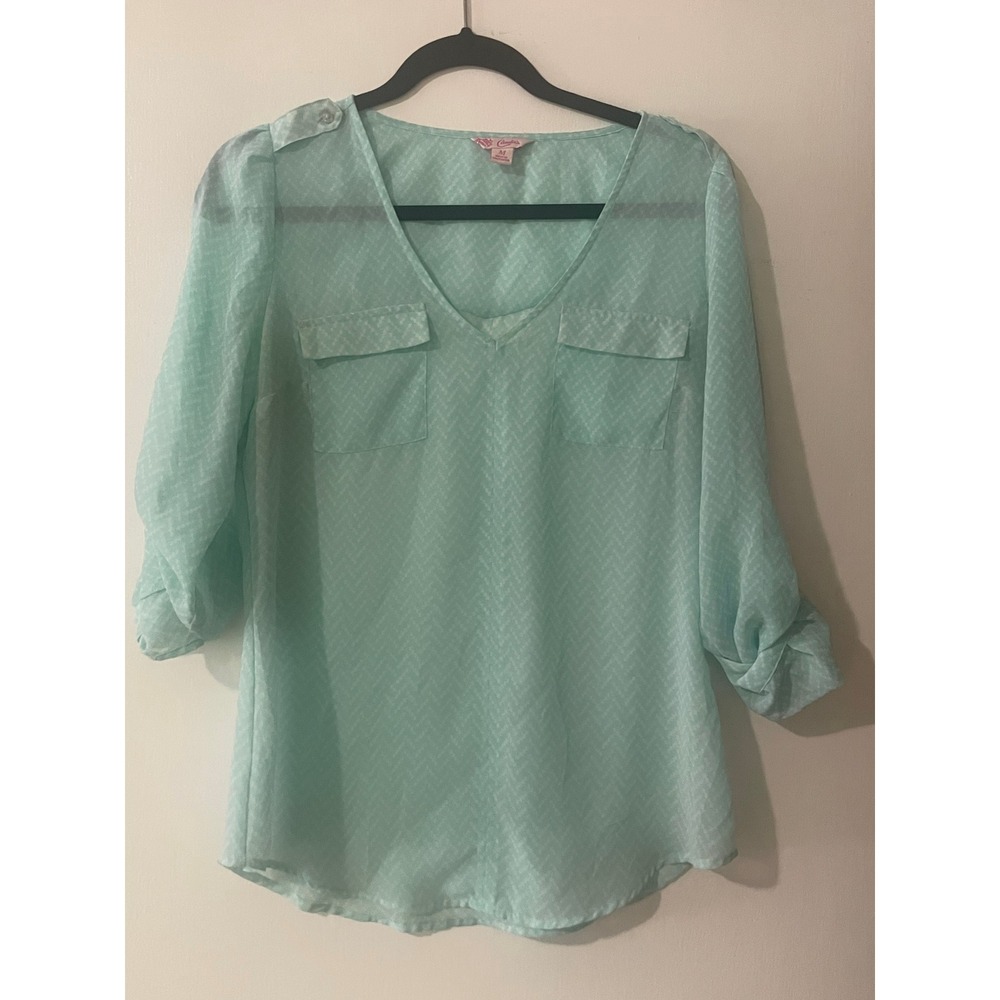 Candies Womens Mint Green Chiffon‎ Roll Tab Sleeve V-Neck Blouse Top Size Medium